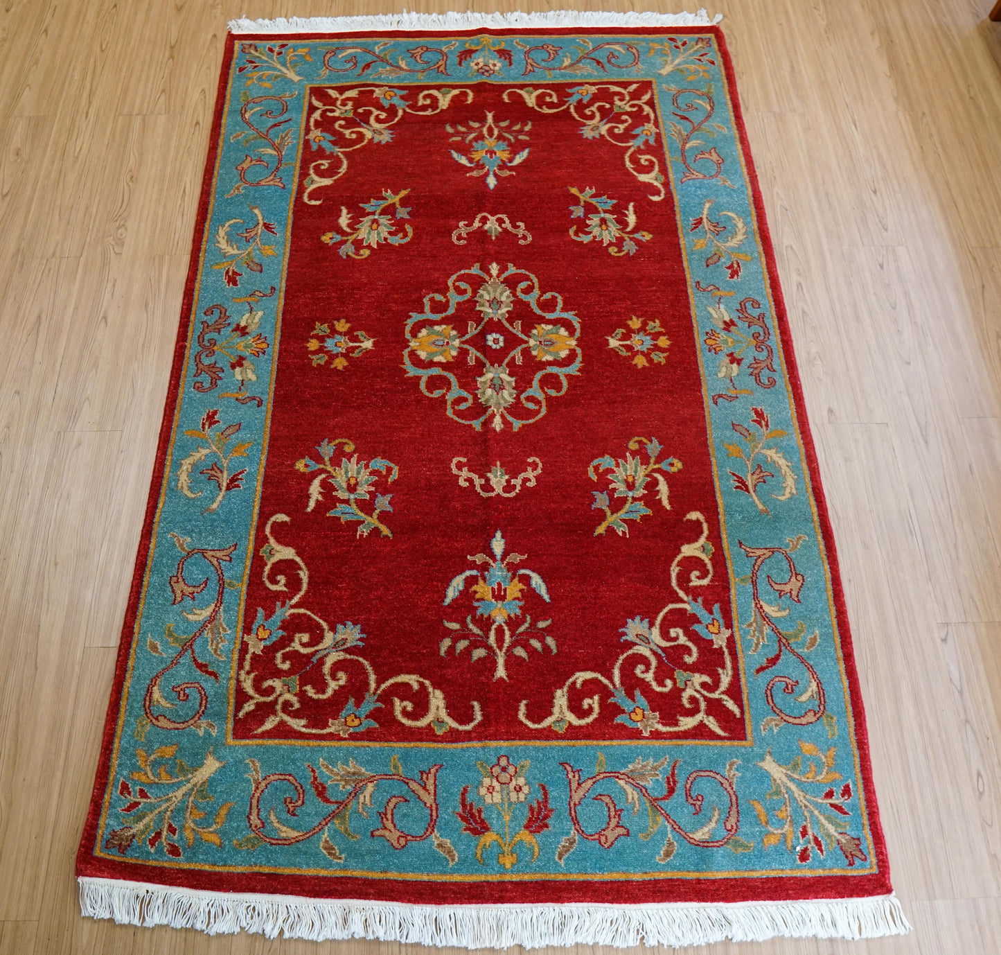  パキスタン手織り絨毯 210×129cm｜手紡ぎウール 草木染め 花文様 レッド×ターコイズ オリエンタルラグ 一点物
