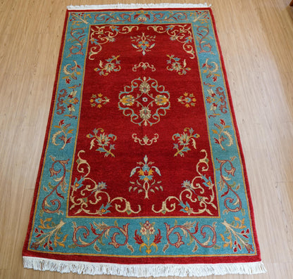  パキスタン手織り絨毯 210×129cm｜手紡ぎウール 草木染め 花文様 レッド×ターコイズ オリエンタルラグ 一点物