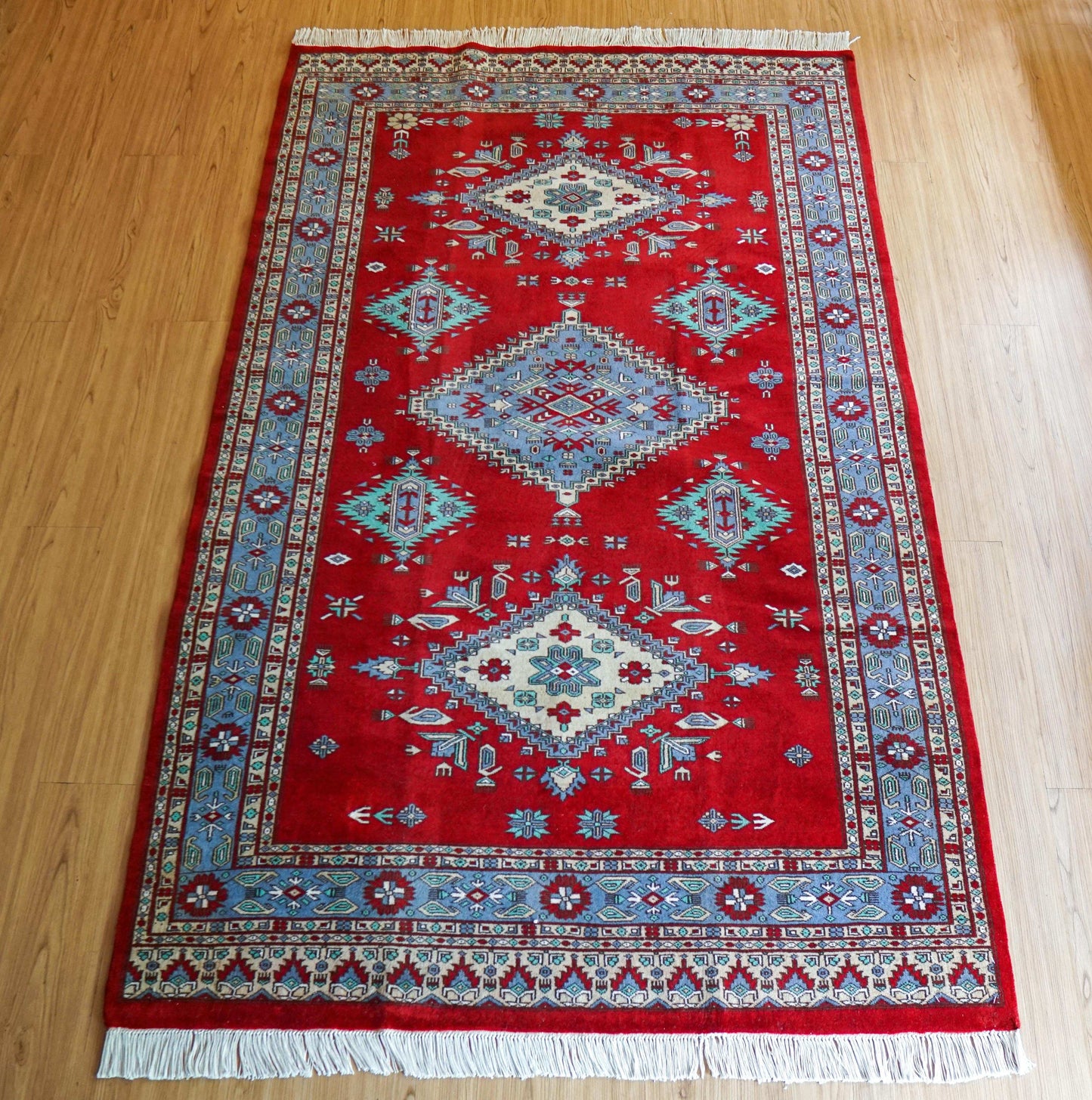  パキスタン手織り絨毯 209×127cm｜メリノウール使用・天然染料のトライバルデザインラグ