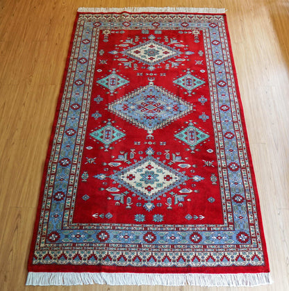  パキスタン手織り絨毯 209×127cm｜メリノウール使用・天然染料のトライバルデザインラグ