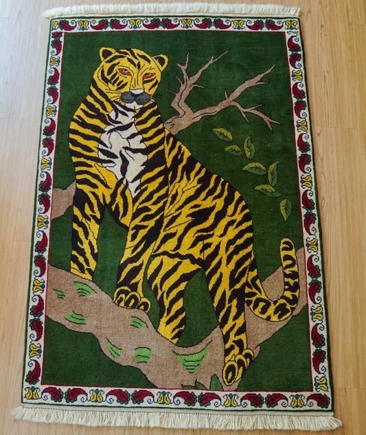  ペルシャ手織り絨毯 カシュカイ族 147×102cm 虎モチーフ 天然染料ウール