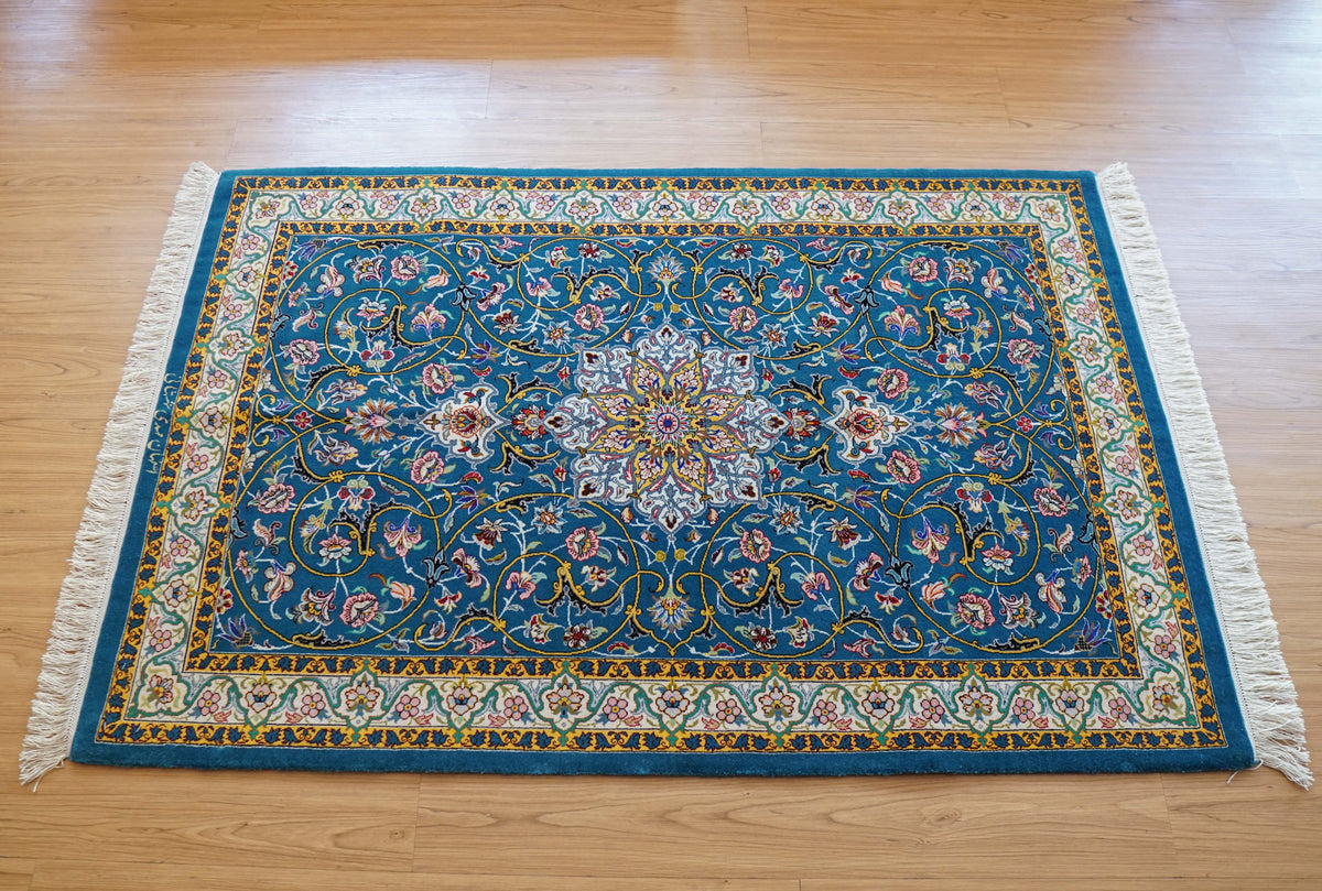  ペルシャ絨毯 イスファハン産 シャー・シャハニ房 約150×98cm｜コルクウール＆シルク 手織り 高級ペルシャ絨毯