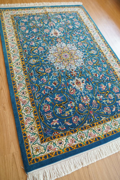  ペルシャ絨毯 イスファハン産 シャー・シャハニ房 約150×98cm｜コルクウール＆シルク 手織り 高級ペルシャ絨毯