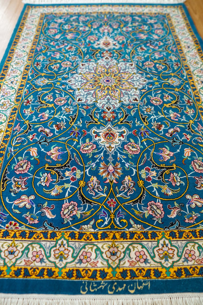  ペルシャ絨毯 イスファハン産 シャー・シャハニ房 約150×98cm｜コルクウール＆シルク 手織り 高級ペルシャ絨毯