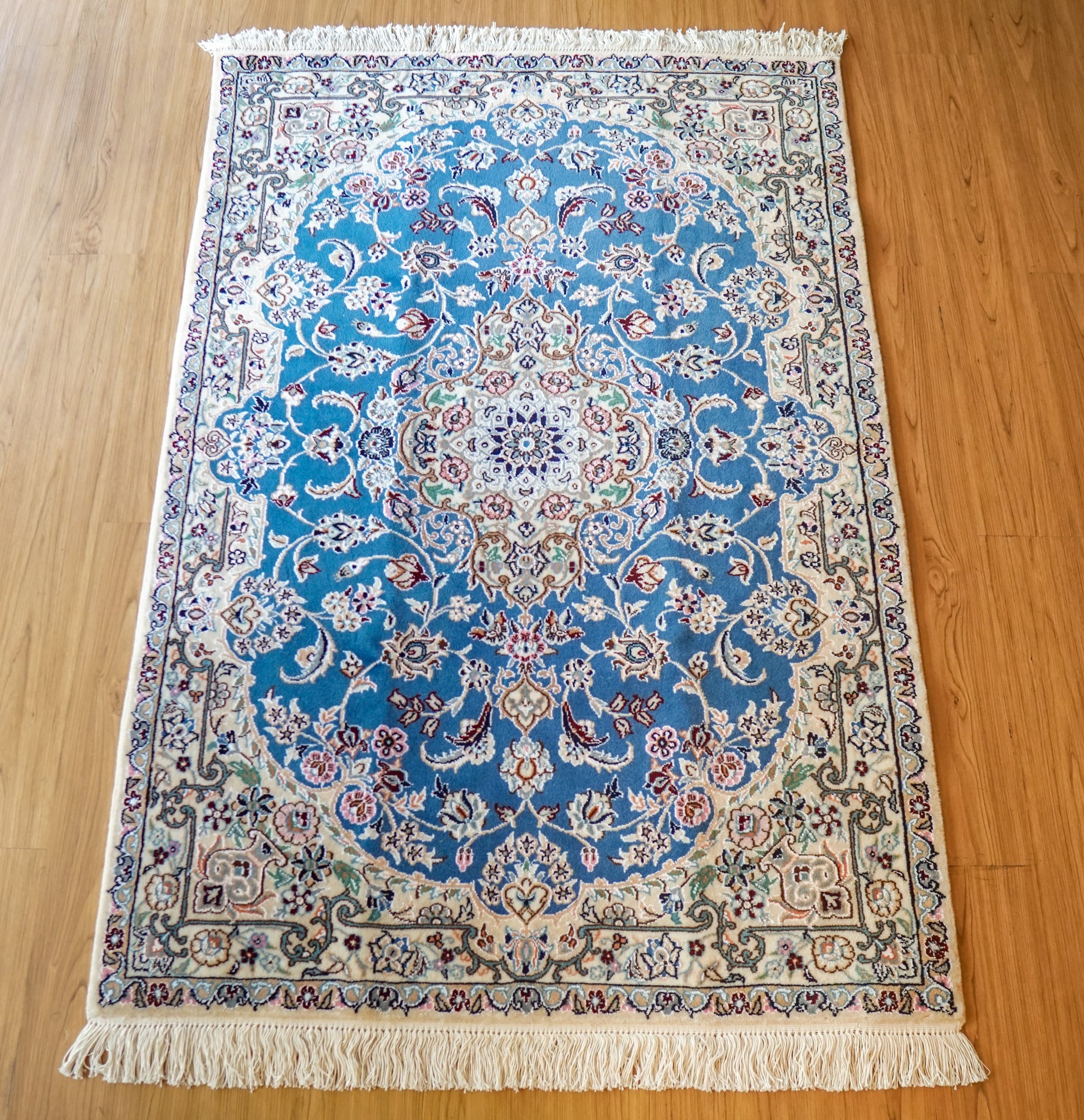  ペルシャ絨毯 ナイン産 青 9la 高級ウール 152×105cm