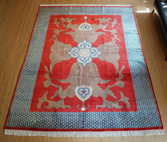  パキスタン手織り絨毯 246×201cm｜やわらかな赤と青の調和・クラシックメダリオンデザイン