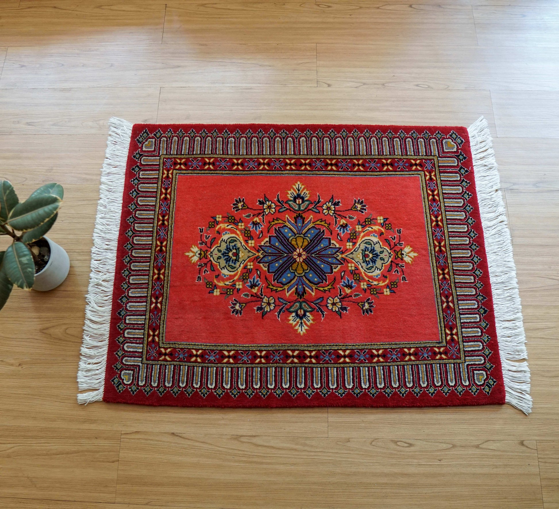  ペルシャ絨毯 カシャーン産 (カシャン)90×72cm｜上質ウール使用 手織り玄関マット