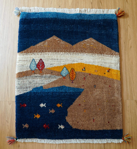  ペルシャ手織りカシュクリギャッベ 93×74cm｜風景画のような天然染料ウールラグ リズ バフト
