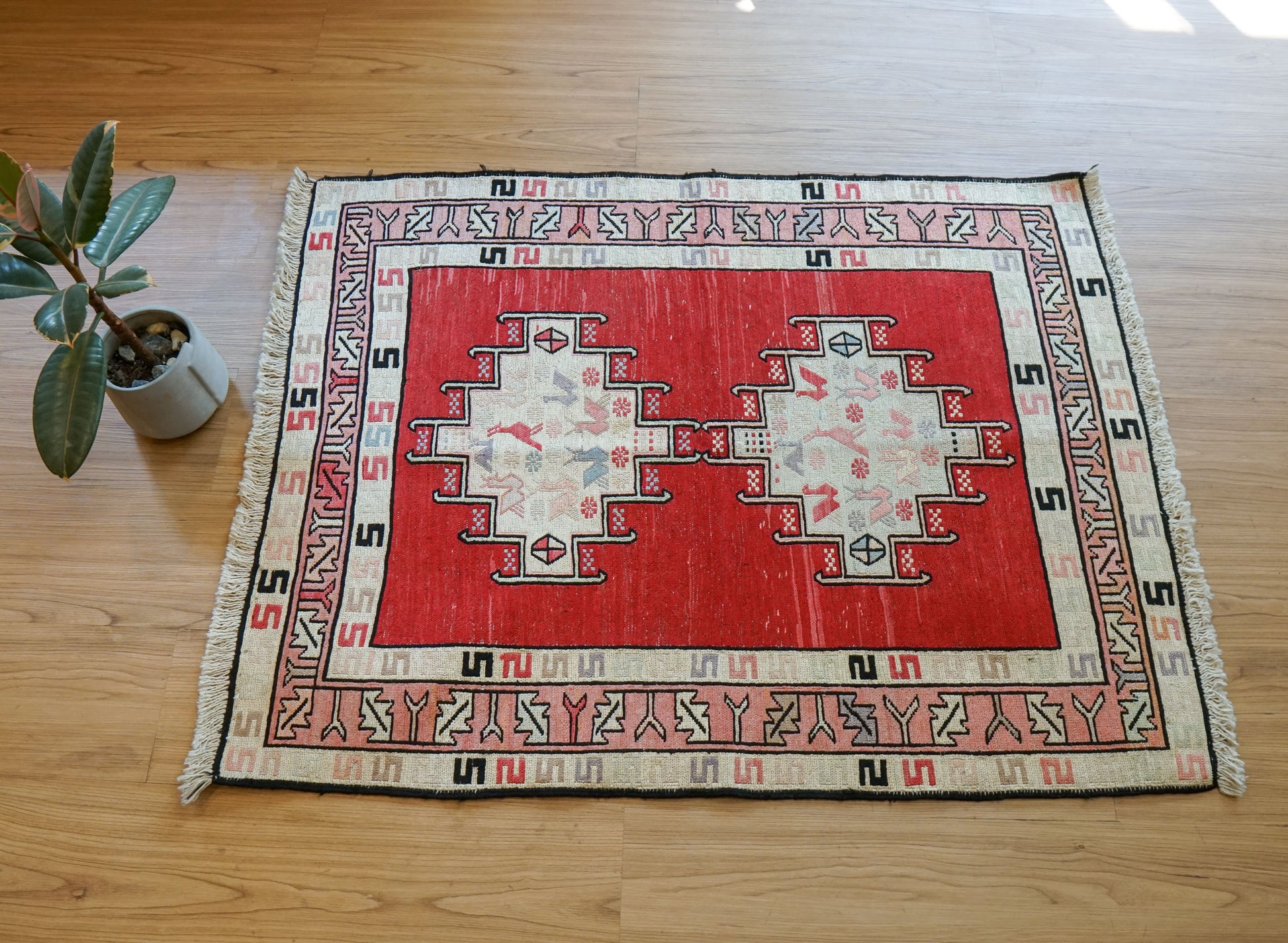 Collection 96×74cm ペルシャ手織りシルクスマックキリム トライバルデザイン