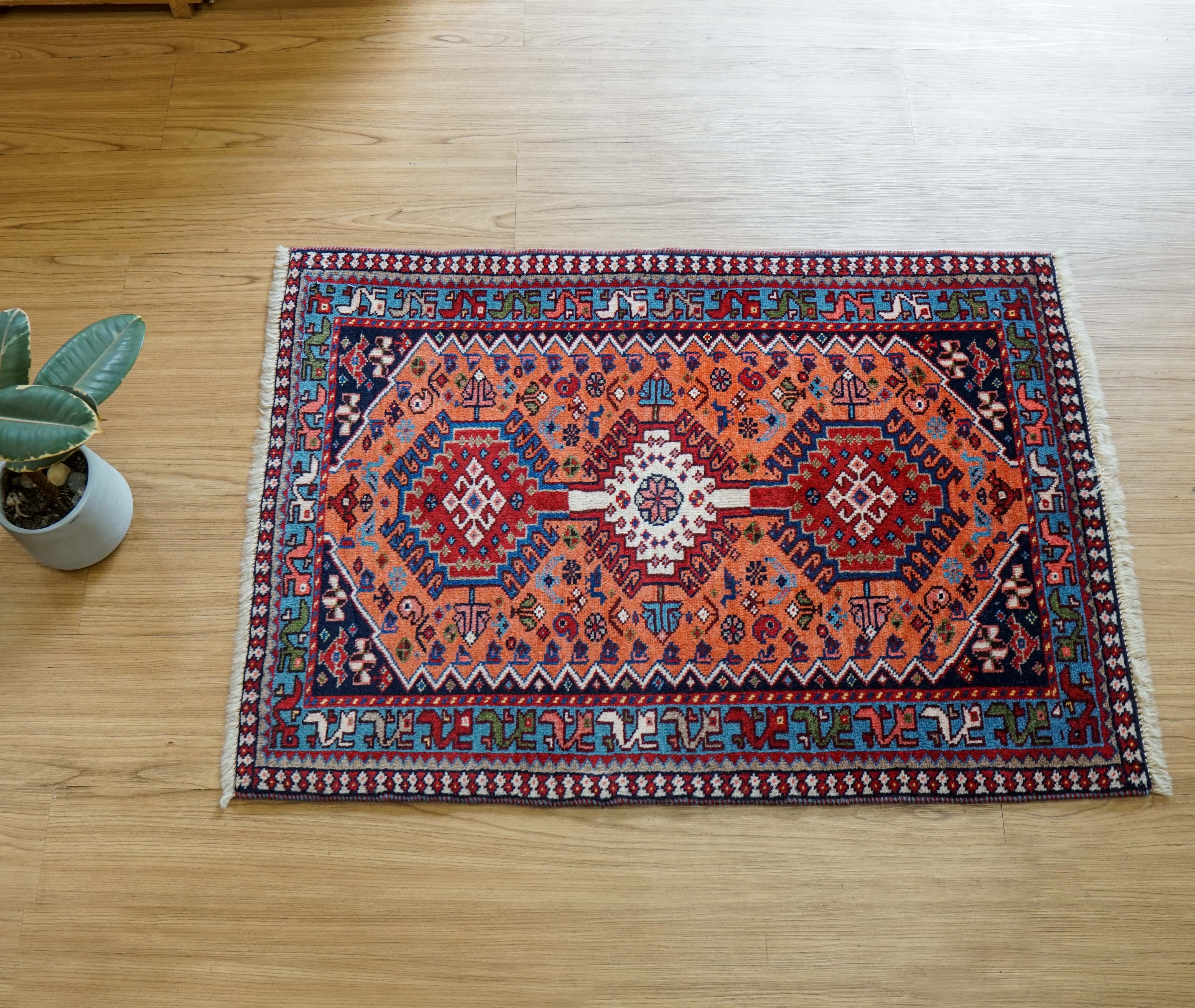 ペルシャ絨毯 ヤラメ族 オレンジ×ネイビー 88×61cm – Decorworks
