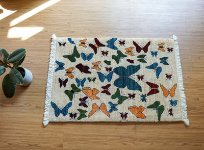 手織りペルシャ絨毯 ギャッベ リズバフト（カシュクリ）87×61cm｜蝶文様｜イラン製