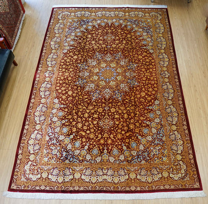 手織りペルシャ絨毯 クム産 アフマディ工房 100％シルク 300×204cm｜総シルク 大判サイズ｜精密メダリオンデザイン