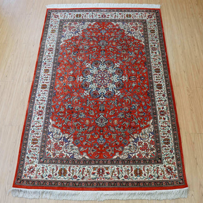 ペルシャ絨毯 クム産 モハマディ工房 シルク100% 197×130cm｜手織り 高密度シルクラグ メダリオンデザイン - Decorworks