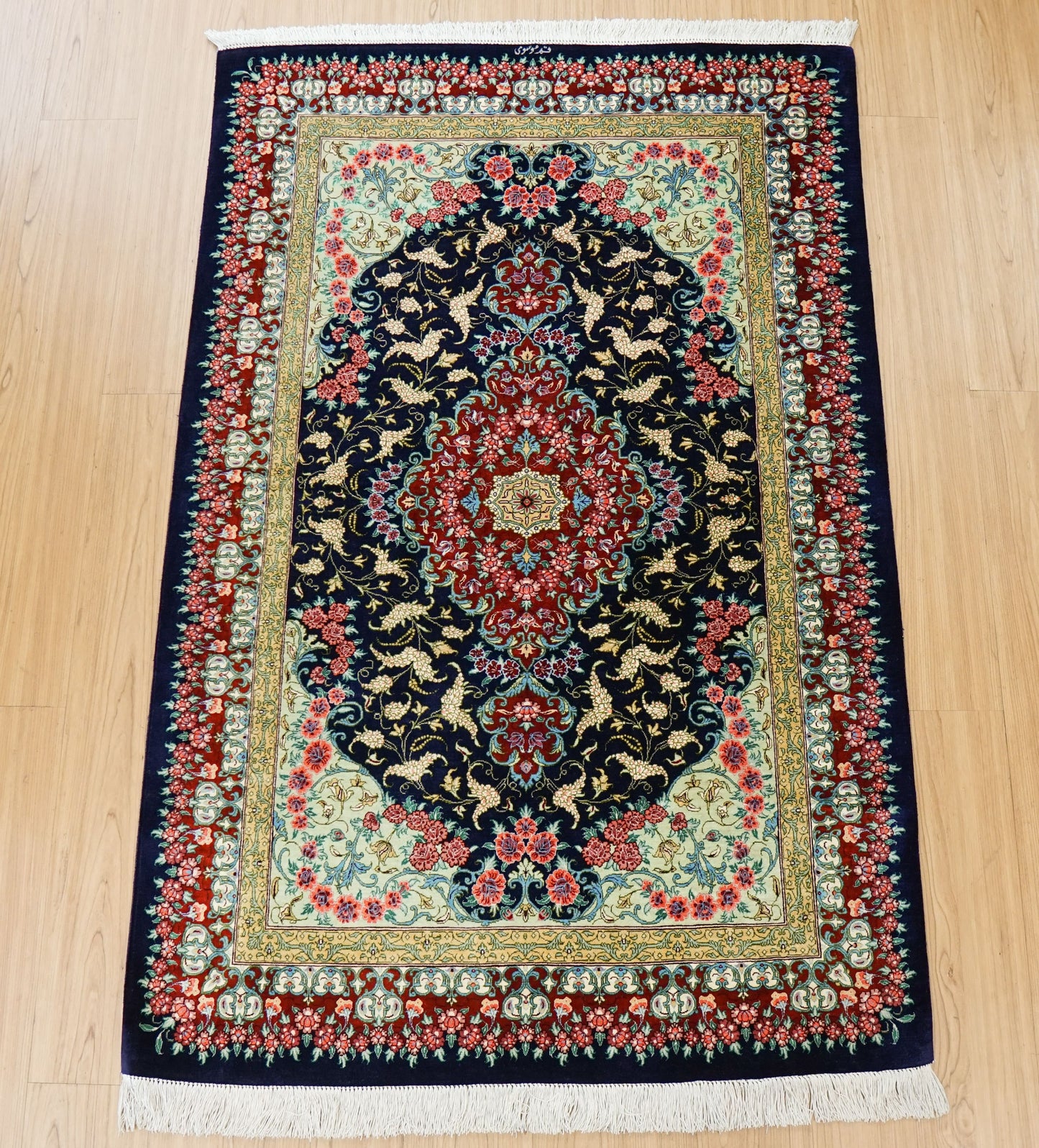  ペルシャ絨毯 クム産 100％シルク 手織り 150×98cm