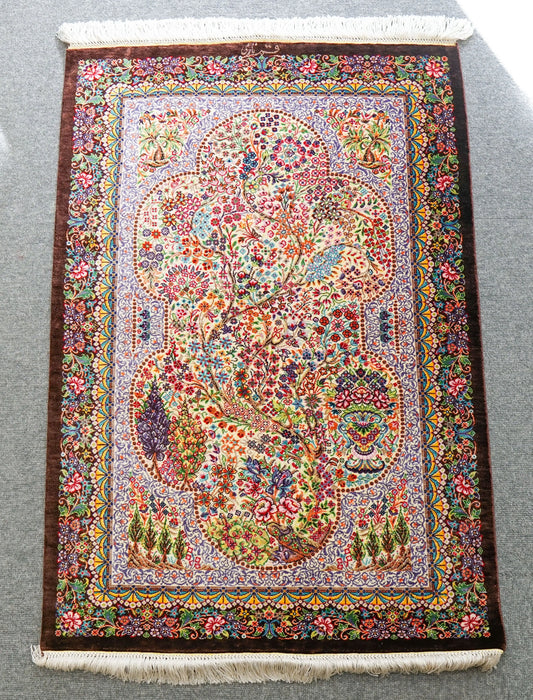 90×61cm　【ペルシャ絨毯　クム産　ナーリイ房　シルク 100%　】 Decorworks