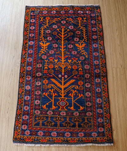  ヴィンテージ トライバルラグ バルーチ族 手織りペルシャ絨毯 133×80cm｜花瓶文様（ゴルダン）・ミフラーブデザイン ウール100％