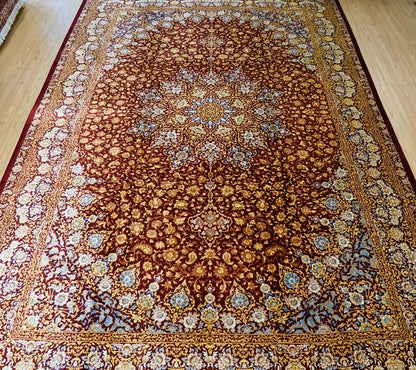 手織りペルシャ絨毯 クム産 アフマディ工房 100％シルク 300×204cm｜総シルク 大判サイズ｜精密メダリオンデザイン