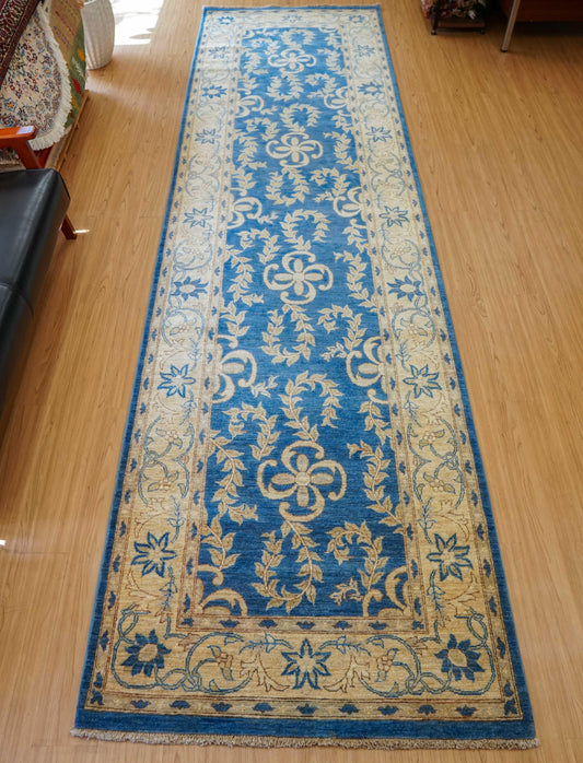  アフガニスタン手織り絨毯 ガズニランナー 371×105cm｜Ziegler スルタニデザイン ブルー×アイボリー 廊下・ロングコリドーサイズ