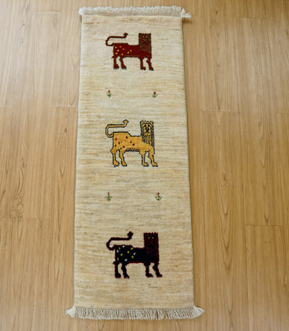  手織りペルシャ・ルリバフト ギャッベ ランナー 120×42cm｜ライオンモチーフ