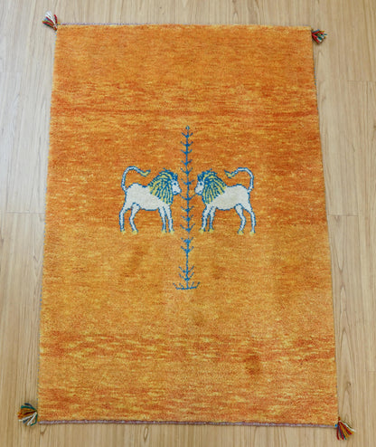  ペルシャ絨毯 手織りギャッベ  120×80cm｜2頭のライオンと生命の樹