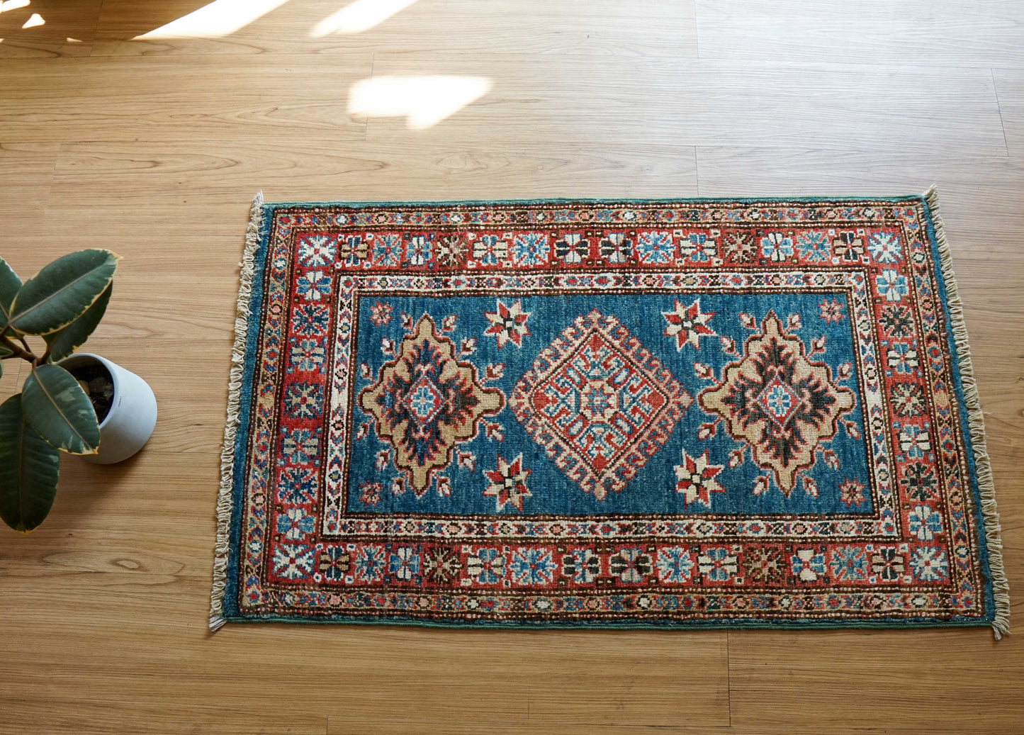  アフガニスタン手織り絨毯 92×55cm｜ガズニウール カザクデザイン トライバルラグ
