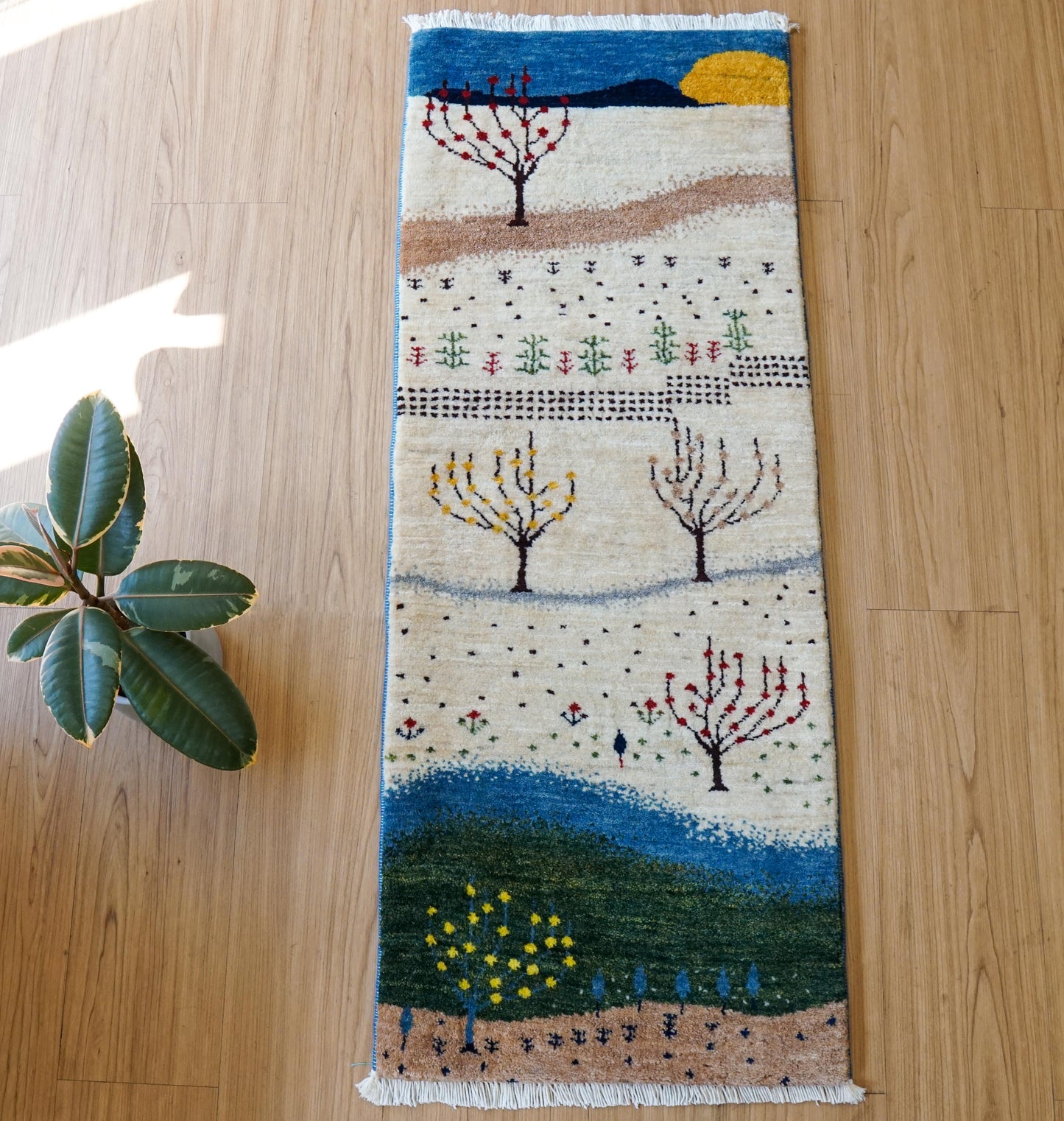  手織りペルシャカシュクリギャッベ リズバフト ランナー 113×44cm｜風景デザイン 生命の木 ウールラグ