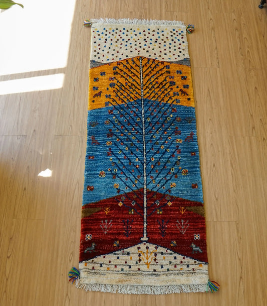  ペルシャ手織りカシュクリギャッベ リズバフト ランナー 151×58cm｜手紡ぎウール・草木染め 生命の樹デザイン