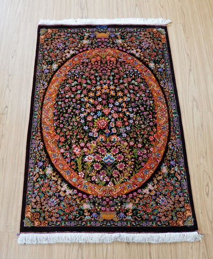  90×60cm　 ペルシャ絨毯　クム産　イザテイ房　　