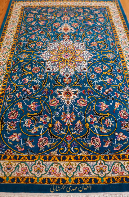  ペルシャ絨毯 イスファハン産 シャー・シャハニ房 約150×98cm｜コルクウール＆シルク 手織り 高級ペルシャ絨毯