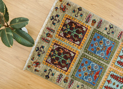  アフガニスタン・ガズニ産 手織り絨毯 89×62cm｜ヘシティ（Heishti）デザイン ウールラグ