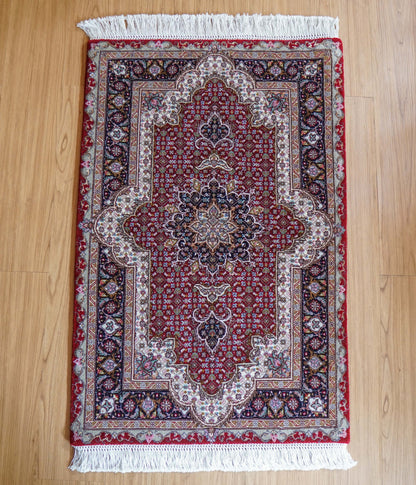  ペルシャ手織り絨毯 タブリーズ産 50RAJ 96×62cm 「マヒ文様」｜ウール＆シルク