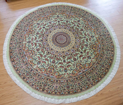 手織りペルシャ絨毯 カシャーン産 ファッラ工房 シルク100% 丸 200×200cm