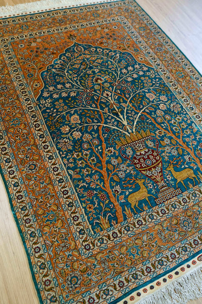  トルコ・ヘレケ シルク手織り絨毯 140×102cm｜1970年代 ヴィンテージ ラグ　Turkish Ozipek hereke
