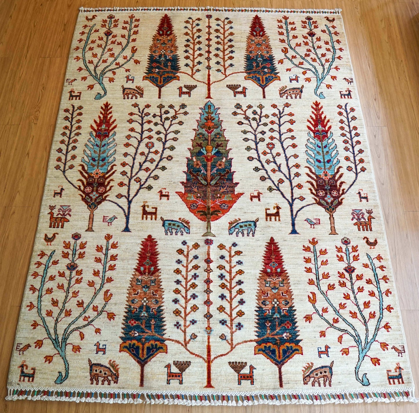  アフガニスタン 手織りガズニギャッベ 203×154cm｜草木染め・生命の木と動物文様