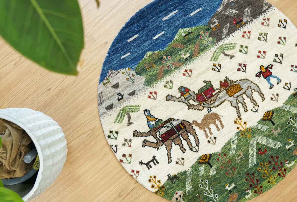  ペルシャ手織り カシュクリギャッベ 丸型 98cm丸｜ウール100% 草木染め ラウンドラグ