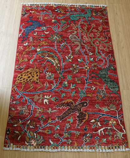  アフガニスタン・ガズニ産 手織り絨毯 シカルガーデザイン 120×82cm