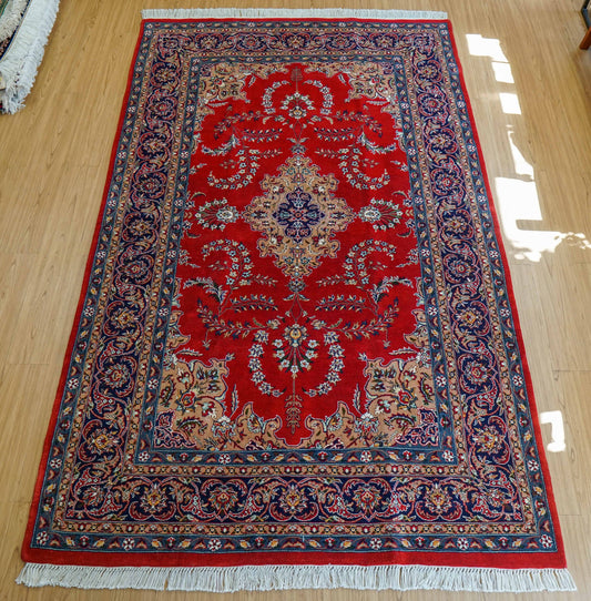  ペルシャ絨毯 手織り ダブルノット 高密度ウール 256×154cm｜厚手で丈夫 赤基調クラシックデザイン