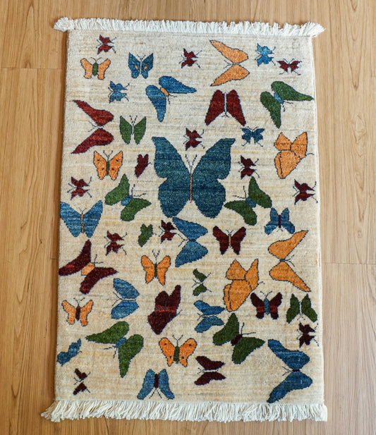  手織りペルシャ絨毯 ギャッベ リズバフト（カシュクリ）87×61cm｜蝶文様｜イラン製