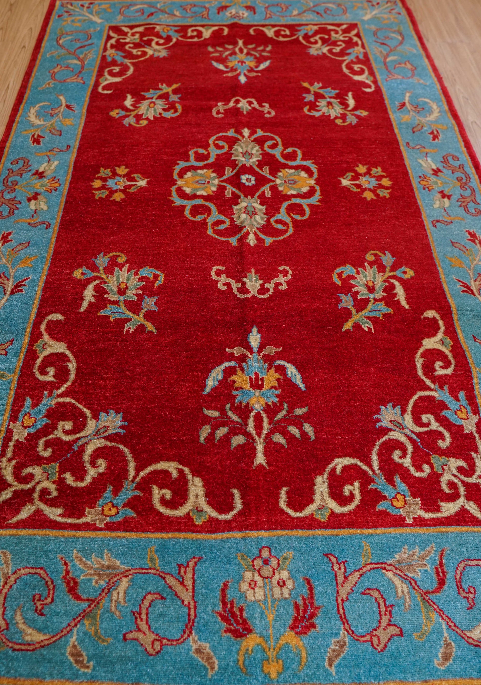  パキスタン手織り絨毯 210×129cm｜手紡ぎウール 草木染め 花文様 レッド×ターコイズ オリエンタルラグ 一点物