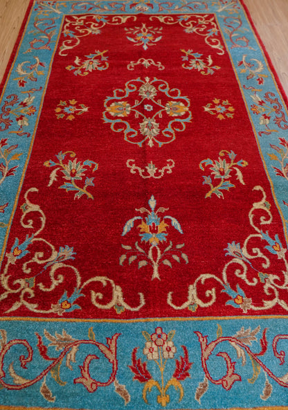  パキスタン手織り絨毯 210×129cm｜手紡ぎウール 草木染め 花文様 レッド×ターコイズ オリエンタルラグ 一点物