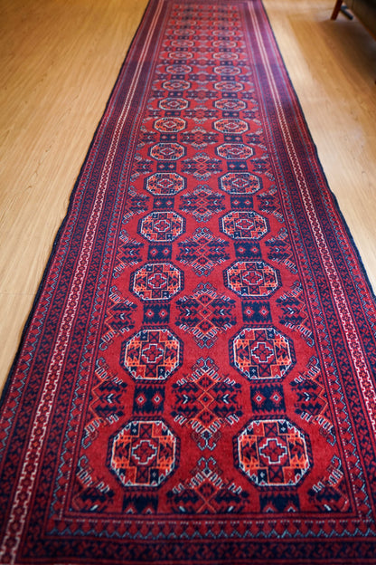  アフガン手織り絨毯 ヘラート産 ランナー 387×90cm｜伝統のギュル文様 ウールラグ