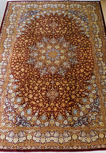 手織りペルシャ絨毯 クム産 アフマディ工房 100％シルク 300×204cm｜総シルク 大判サイズ｜精密メダリオンデザイン