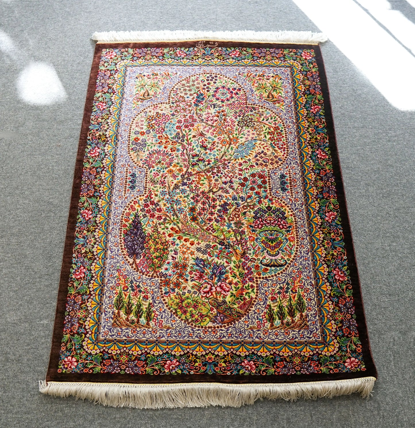 90×61cm　【ペルシャ絨毯　クム産　ナーリイ房　シルク 100%　】 Decorworks