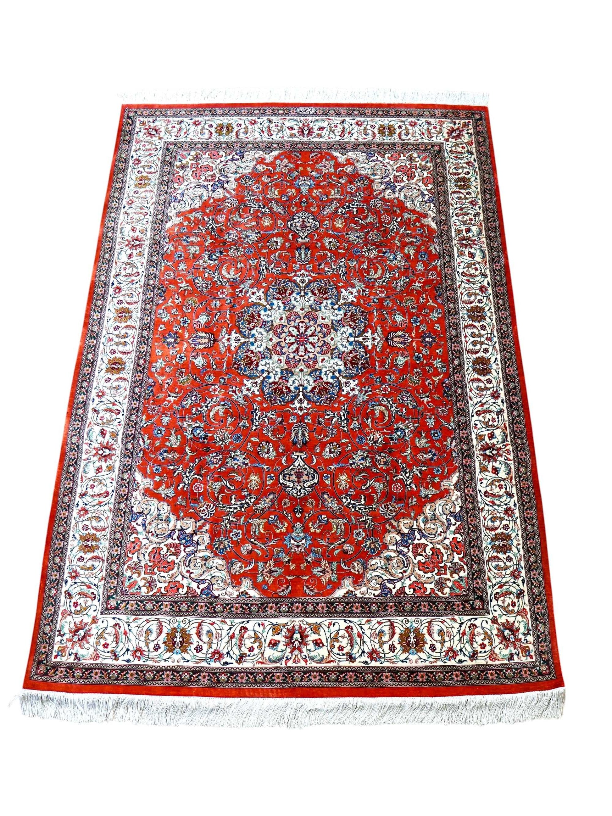  ペルシャ絨毯 クム産 モハマディ工房 シルク100% 197×130cm｜手織り 高密度シルクラグ メダリオンデザイン