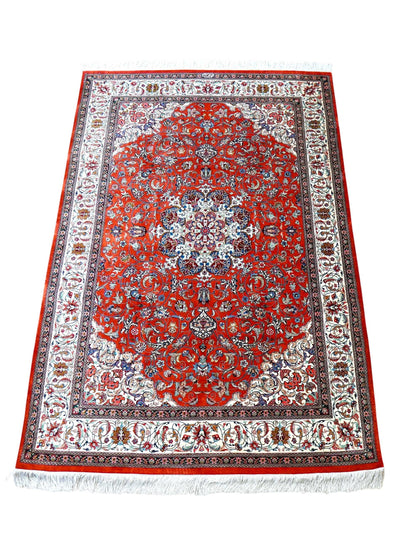  ペルシャ絨毯 クム産 モハマディ工房 シルク100% 197×130cm｜手織り 高密度シルクラグ メダリオンデザイン