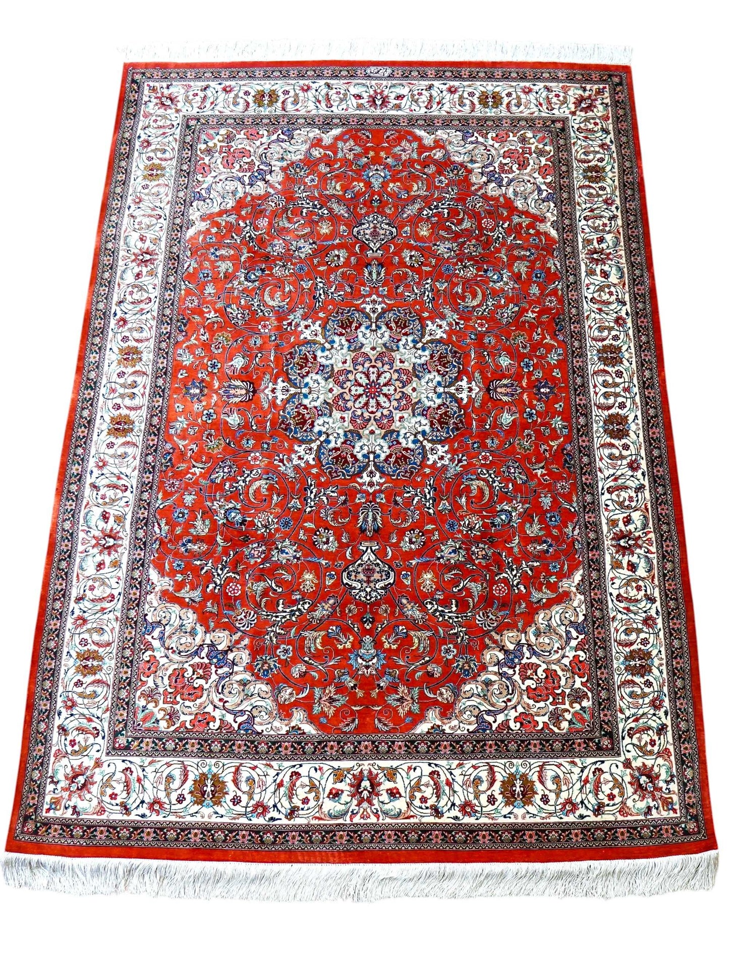  ペルシャ絨毯 クム産 モハマディ工房 シルク100% 197×130cm｜手織り 高密度シルクラグ メダリオンデザイン