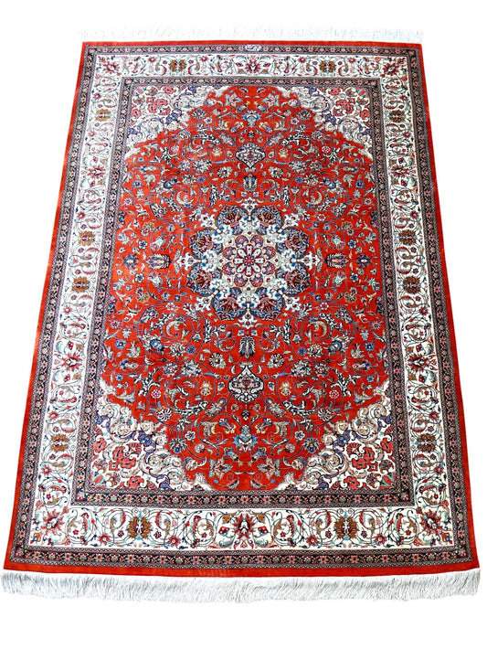  ペルシャ絨毯 クム産 モハマディ工房 シルク100% 197×130cm｜手織り 高密度シルクラグ メダリオンデザイン