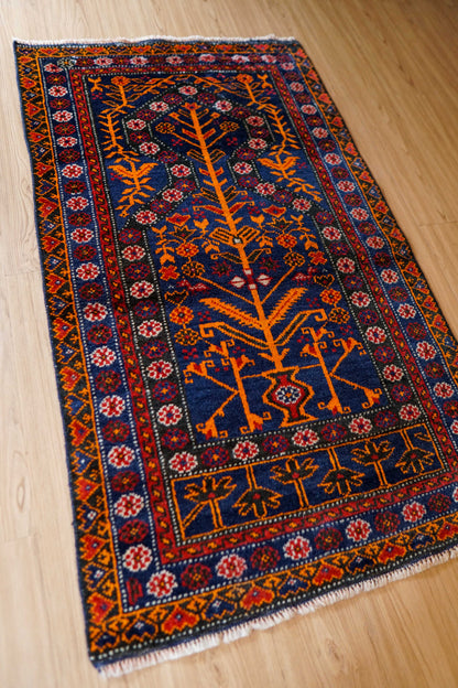  ヴィンテージ トライバルラグ バルーチ族 手織りペルシャ絨毯 133×80cm｜花瓶文様（ゴルダン）・ミフラーブデザイン ウール100％