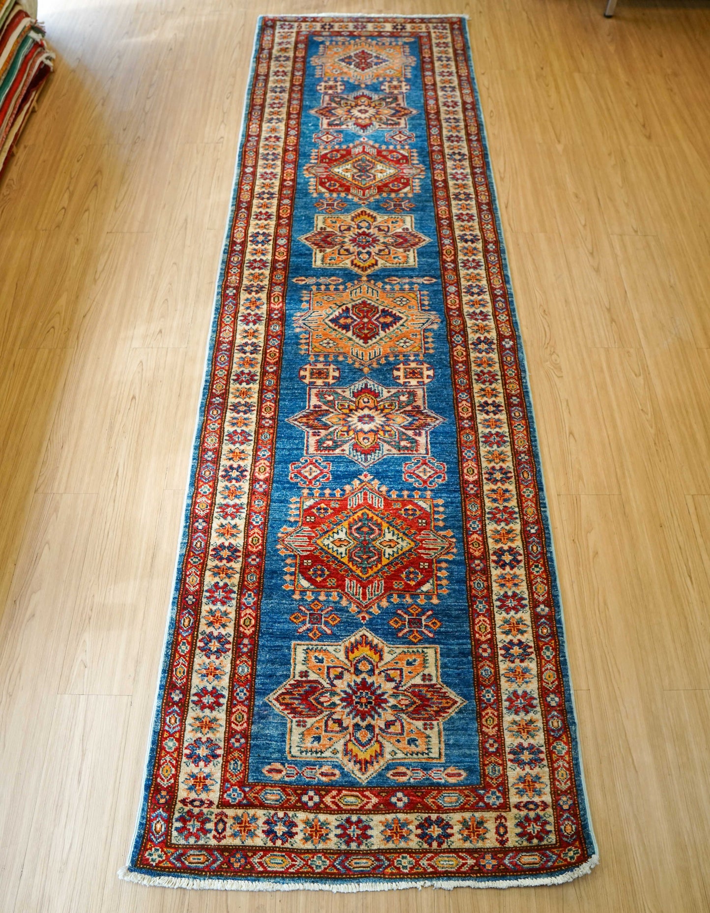  アフガニスタン手織りガズニウールラグ 299×82cm ペルシャのカザクデザイン ランナー