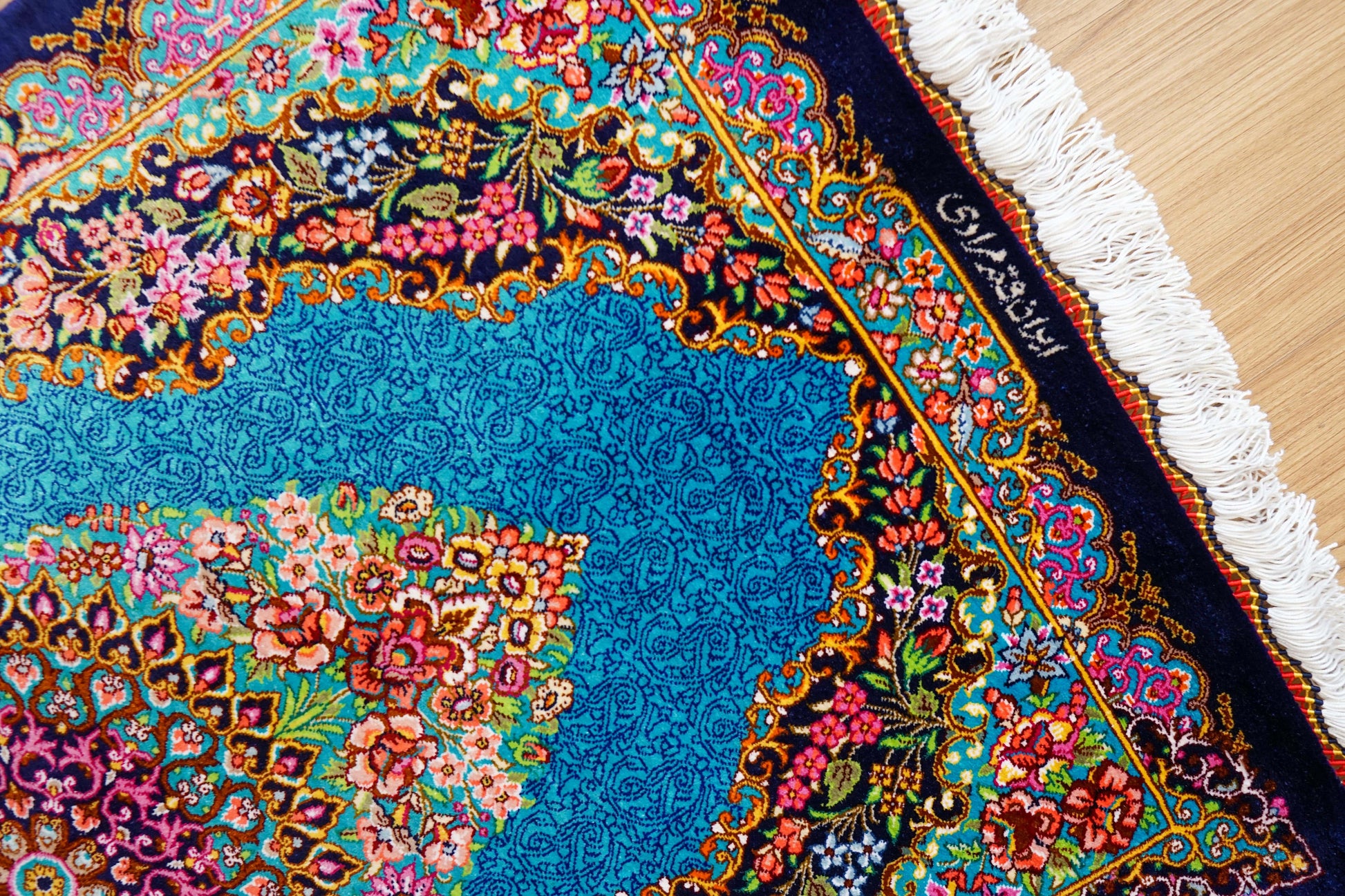  89×59cm　手織り ペルシャ絨毯 クム産 シルク100% 証明書付